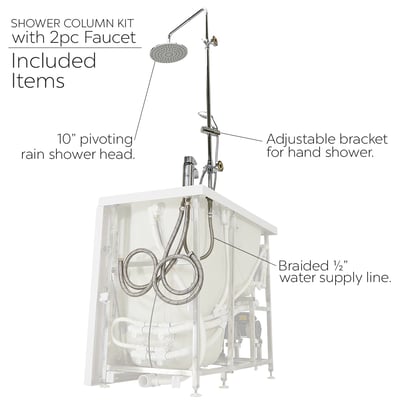 10″ Kit de tête de douche et colonne de douche pour robinets de baignoire encastrés dans le sol - Kit de colonne de douche pour baignoire à porte Ella avec robinet 2 pièces montrant la pomme de douche à effet pluie, le support de douchette réglable et les conduites d’alimentation en eau tressées