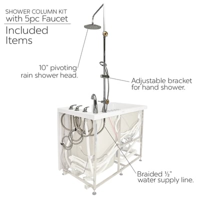 10″ Kit de tête de douche et colonne de douche pour robinets de baignoire encastrés dans le sol - Kit de colonne de douche pour baignoire à porte avec robinet 5 pièces montrant la pomme de douche à effet pluie, le support de douchette réglable et la conduite d’alimentation en eau tressée
