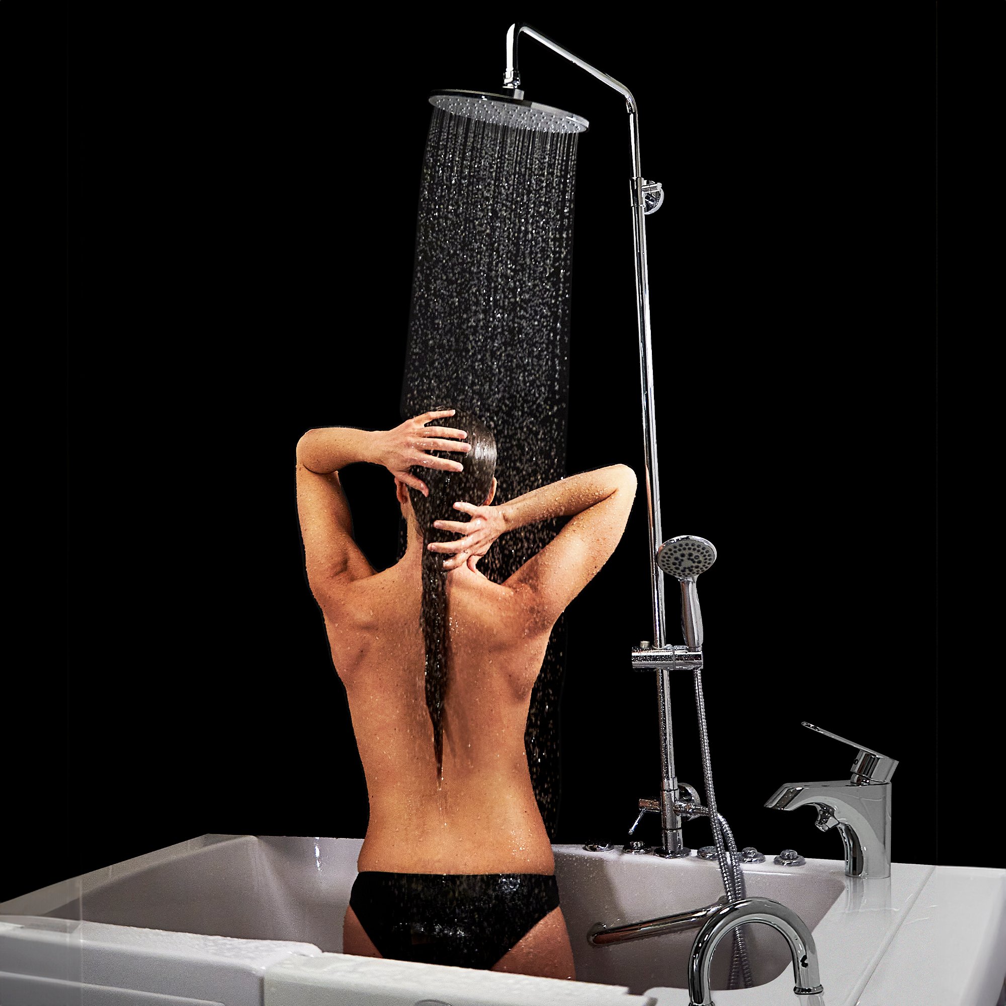 Ella 10 inch rain shower head on the chrome shower column kit above a walk-in tub