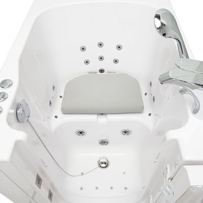 Overhead view of Ella walk-in tub interior showing padded seat pillow riser, hydro jets, drain, and chrome faucet fixtures