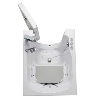 Overhead view of an Ella walk-in tub interior showing anti-slip floor, jet nozzles, drain, and fold-up seat with padded pillow riser