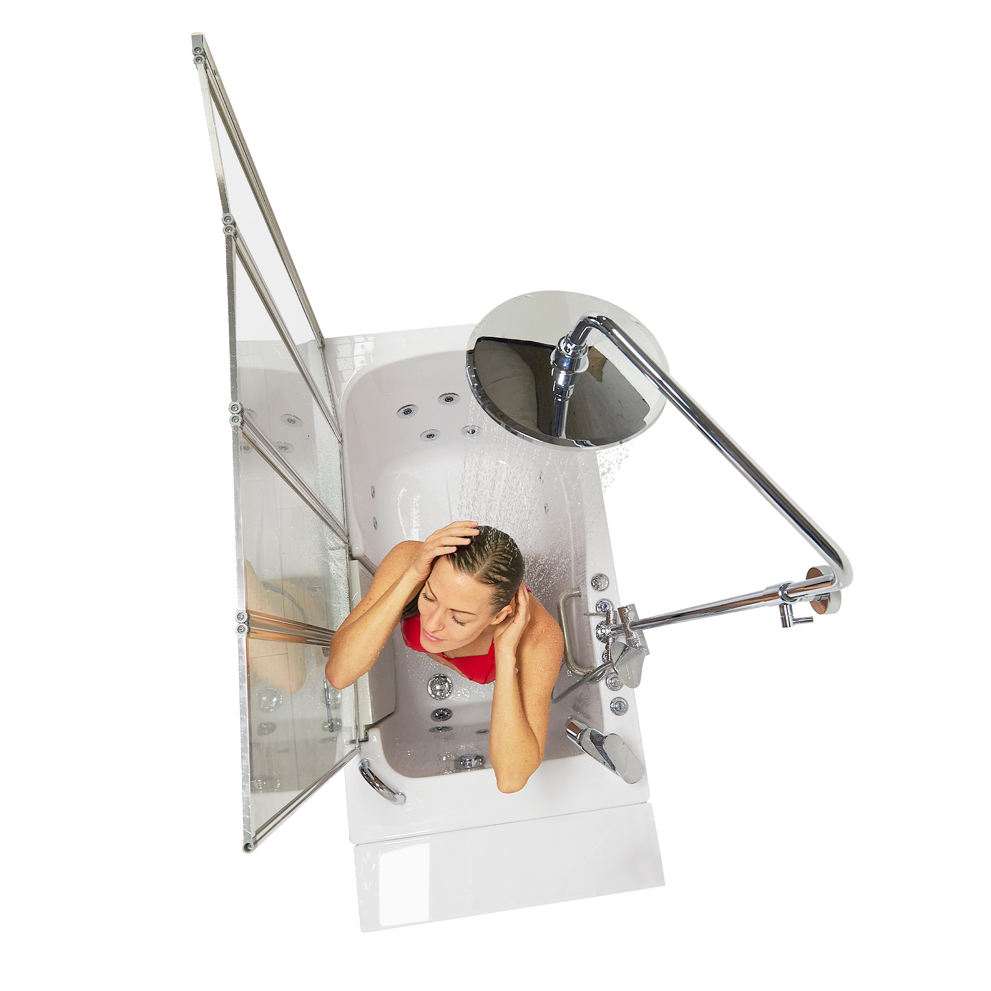 Woman rinsing her hair under the rain shower head of an Ella shower column kit on a walk-in tub
