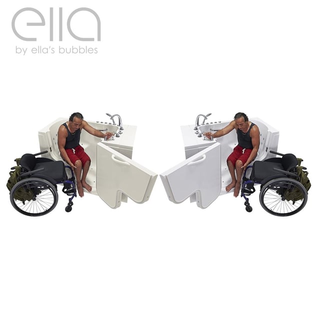 Wheelchair user transferring from chair into the Ella Transfer30 walk-in tub shown in left and right door configurations