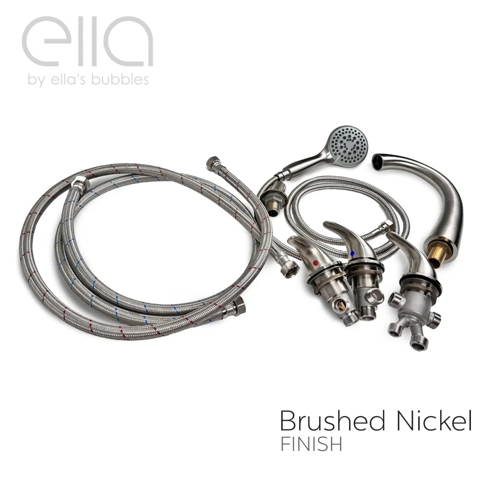 Baignoire à porte Ella Ultra en acrylique 30″x52″, technologie de double drain, porte et drain à gauche, SN #M1228 - %3E - Ella's Bubbles brushed nickel finish 5-piece walk-in tub faucet set with handheld showerhead and braided hoses