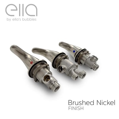 Three Ella's Bubbles walk-in tub brushed nickel faucet mixer valves with hot and cold lever handles displayed on white background