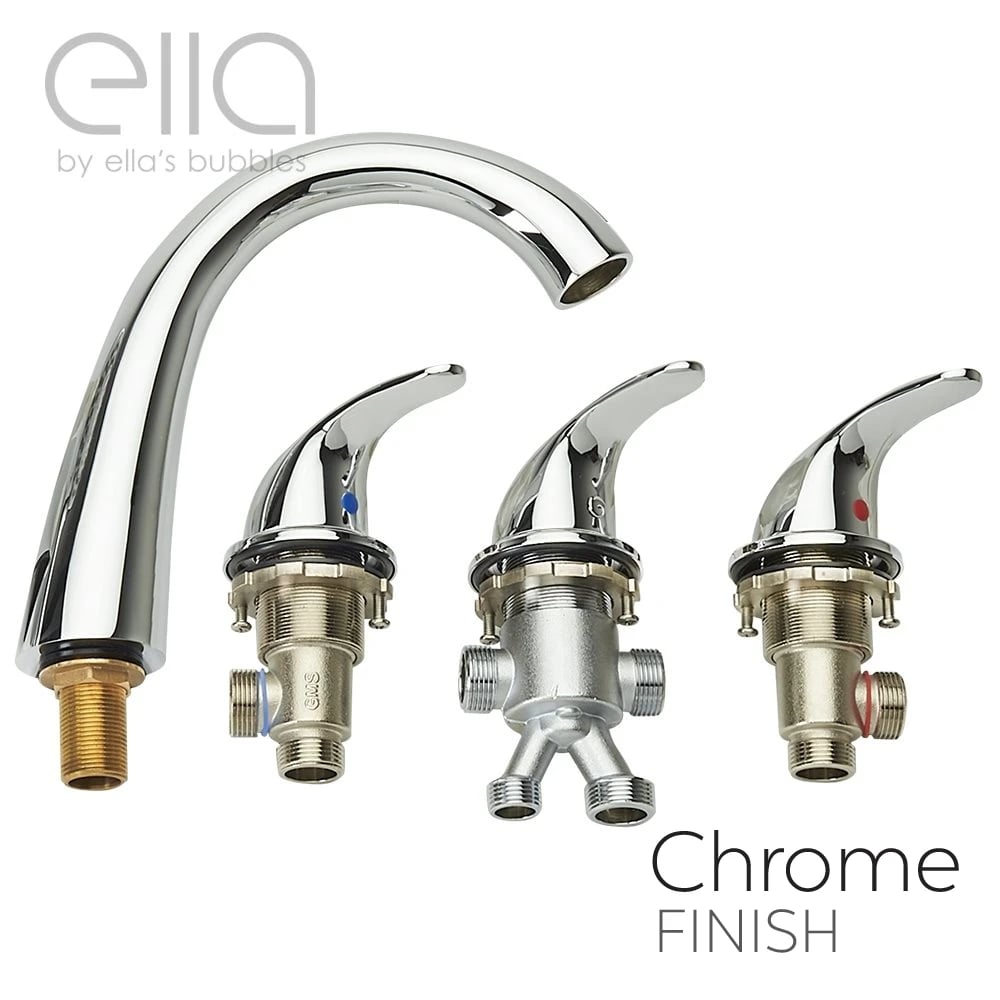 Baignoire à porte Ella Ultra en acrylique 30″x52″, technologie de double drain, porte et drain à gauche, SN #M1228 - %3E - Ella's Bubbles chrome finish walk-in tub faucet spout with three lever handle valve components displayed on white background