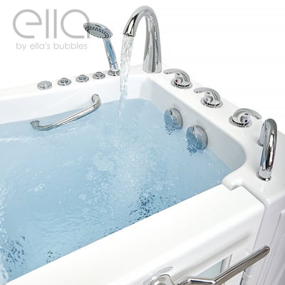 Close-up of Ella walk-in tub filled with bubbling water featuring chrome 5-piece fast fill faucet and handheld showerhead