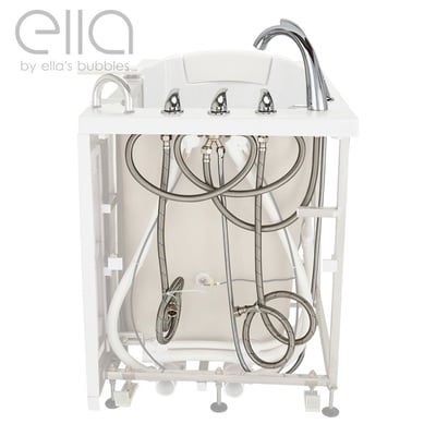 Ella walk-in tub underside view showing 5-piece fast fill faucet plumbing with stainless steel hoses and chrome fixtures
