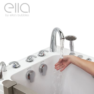 Hand testing warm water flow from Ella 5-piece fast fill faucet with chrome handheld sprayer on walk-in tub deck