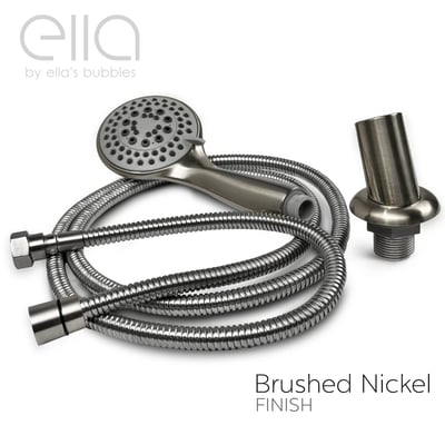 Ella's Bubbles brushed nickel handheld shower head with multi-spray settings, flexible steel hose, and wall mount connector
