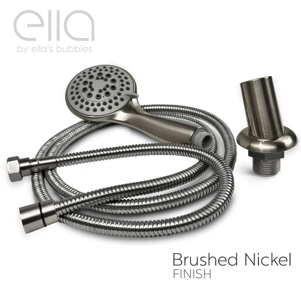 Baignoire à porte Ella Ultra en acrylique 30″x52″, technologie de double drain, porte et drain à gauche, SN #M1228 - %3E - Ella's Bubbles brushed nickel handheld shower head with multi-spray settings, flexible steel hose, and wall mount connector