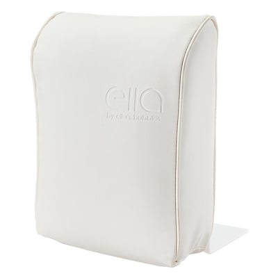White padded Ella's Bubbles removable headrest and neck support cushion for walk-in tubs with embossed logo