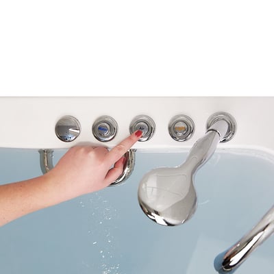 Hand pressing the Air jet control button on an Ella walk-in tub featuring Water, Air, and Light therapy controls