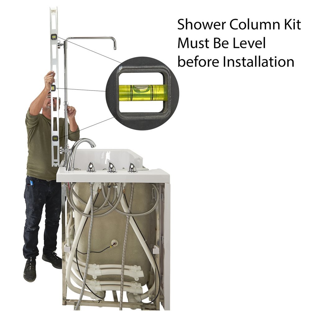 10″ Kit de tête de douche et colonne de douche pour robinets de baignoire encastrés dans le sol - %3E - Installer using a level to align the shower column kit vertically before installation on an Ella walk-in tub