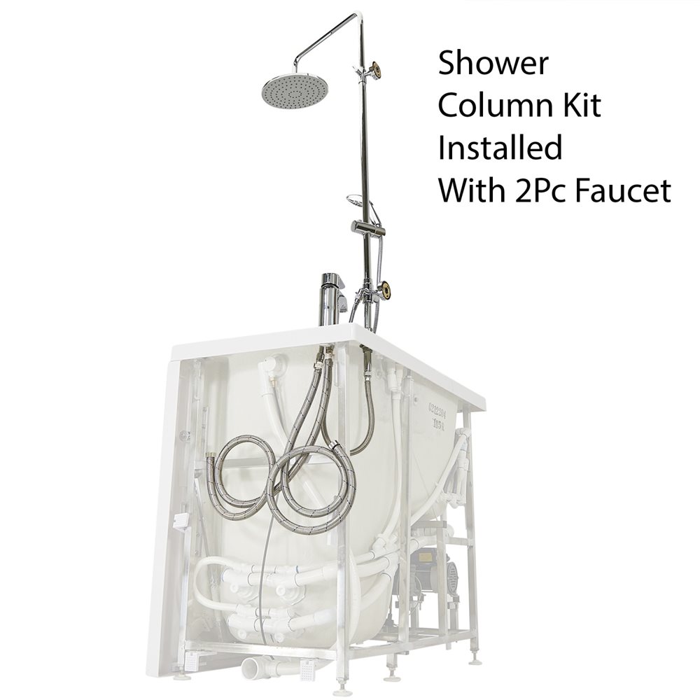 10″ Kit de tête de douche et colonne de douche pour robinets de baignoire encastrés dans le sol - %3E - Ella walk-in tub shower column kit with rain head and 2-piece chrome faucet installed on transparent tub model