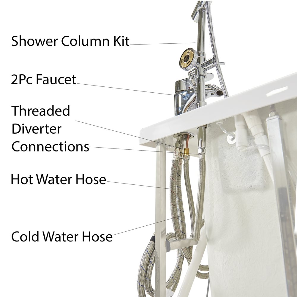 10″ Kit de tête de douche et colonne de douche pour robinets de baignoire encastrés dans le sol - %3E - Labeled diagram of walk-in tub shower column kit showing 2-piece faucet, threaded diverter, hot and cold water hoses