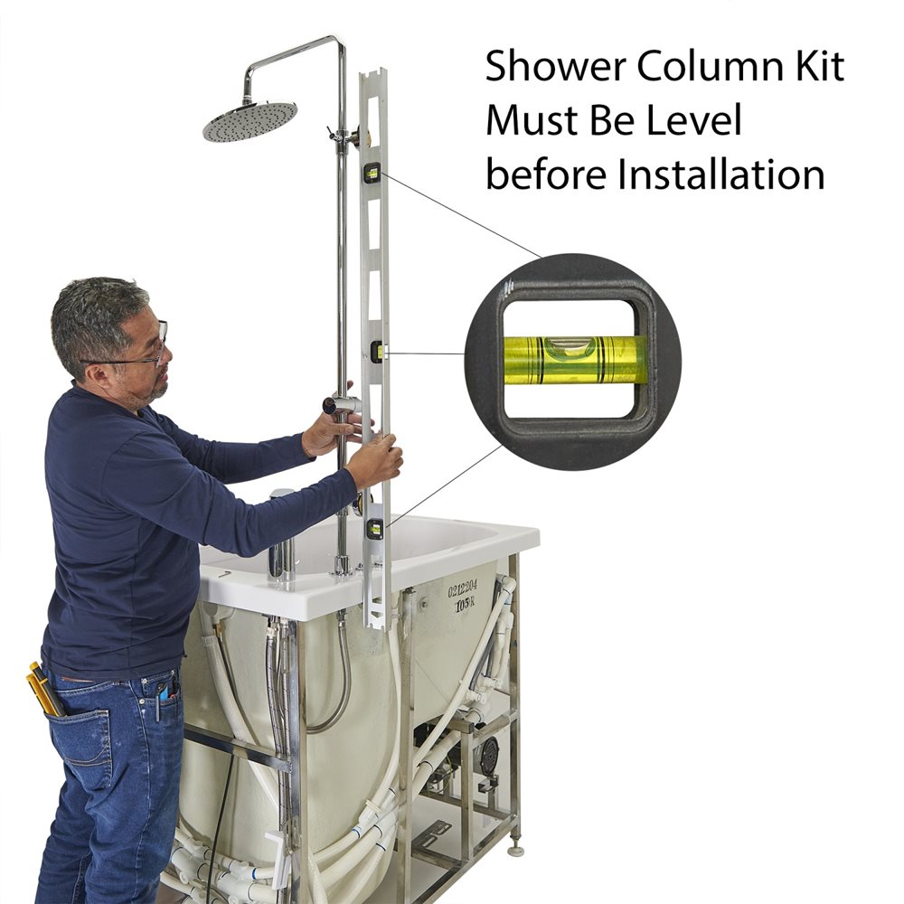 10″ Kit de tête de douche et colonne de douche pour robinets de baignoire encastrés dans le sol - Installer leveling a shower column kit on a walk-in tub using a spirit level before installation with inset closeup