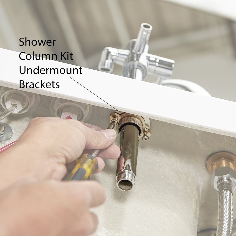 10″ Kit de tête de douche et colonne de douche pour robinets de baignoire encastrés dans le sol - %3E - Installer using a screwdriver to secure shower column kit undermount brackets beneath a walk-in tub deck fitting