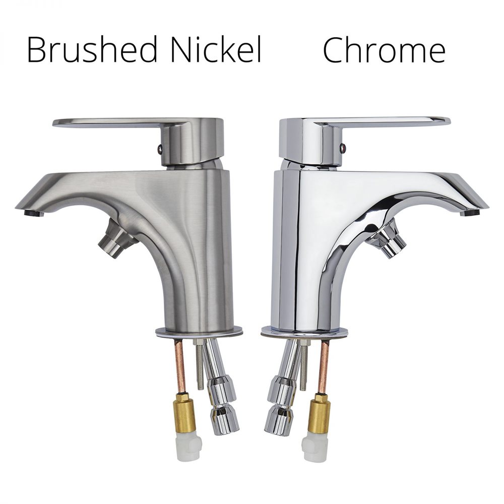 Ella 2-piece single lever fast fill faucet shown side by side in brushed nickel and chrome with supply lines