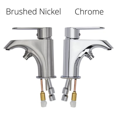 Side-by-side comparison of Ella single lever faucet in brushed nickel and chrome finish options with supply lines visible
