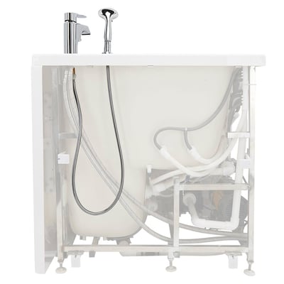 Side view of Ella walk-in tub interior plumbing system with chrome faucet, handheld showerhead, jets, and pump components visible