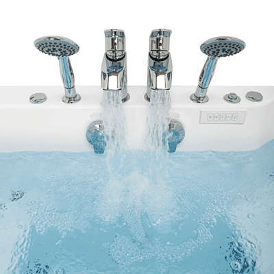 Close-up of dual chrome faucets filling an Ella walk-in tub with fast-fill water flow and hand showers on each side
