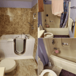 Walk In Tub Reviews Testimonials Feedback 10 Before and after bathroom remodel showing old standard bathtub replaced with a white Ella walk-in tub with marble-style surround