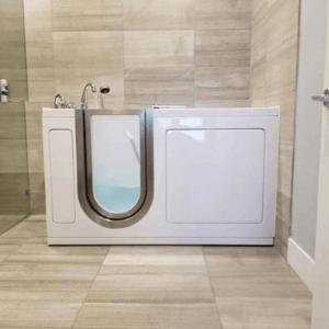 Walk In Tub Reviews Testimonials Feedback 16 White Ella walk-in tub with open door showing water-filled interior, installed in a modern tiled bathroom