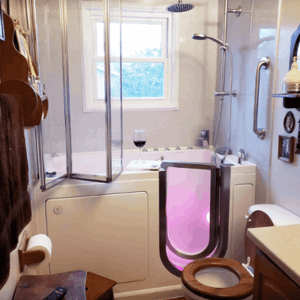Walk In Tub Reviews Testimonials Feedback 36 Walk-in tub with glowing pink door panel and glass shower enclosure installed in a home bathroom with grab bars