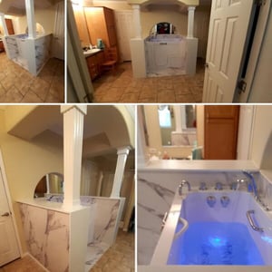 Walk In Tub Reviews Testimonials Feedback 7 Ella walk-in tub installed in spacious bathroom with marble surround panels, glowing blue hydrotherapy jets, and decorative columns