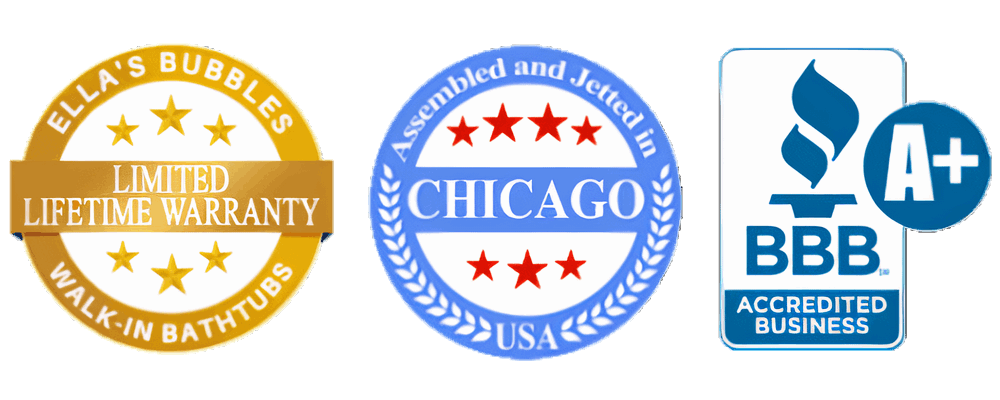 Ella's Bubbles Lifetime Limited Warranty badge, Assembled in Chicago seal and BBB A+ accreditation