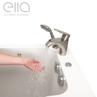 Hand testing water temperature from Ella's brushed nickel single lever fast fill faucet on a walk-in tub deck