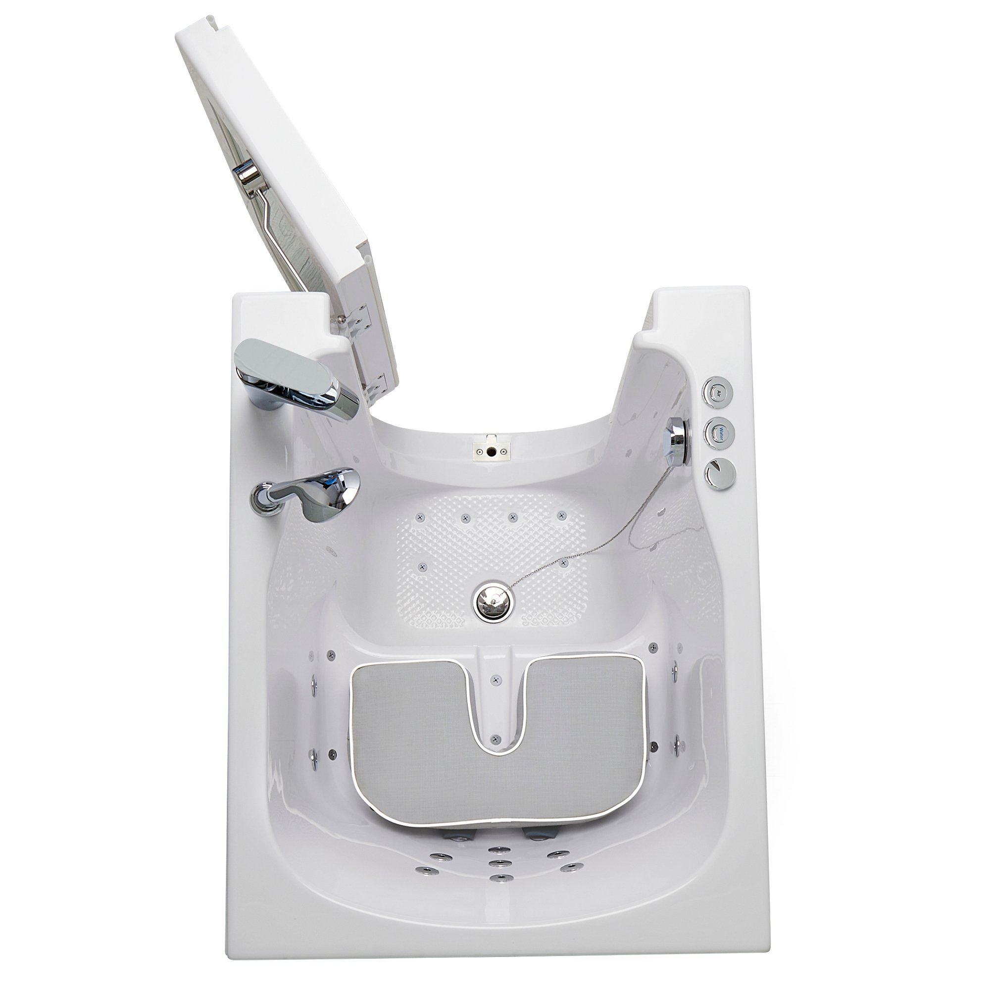 Jet cutout seat pillow and riser placed on the seat of an Ella walk-in tub