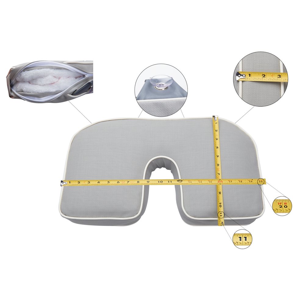Gray walk-in tub seat cushion with a bidet cutout, suction cups and zipper