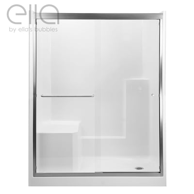 Cabine de douche accessible Ella Duo avec porte coulissante en verre chromée, banc intégré, barre d’appui et entrée à seuil bas
