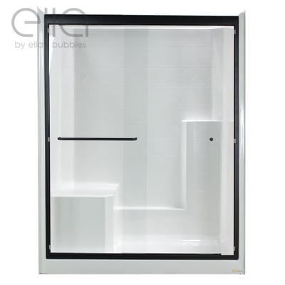 Ella accessible shower stall with matte black sliding glass door frame, built-in bench seat, and white textured walls