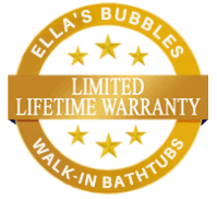 Ella's Bubbles gold badge: Limited Lifetime Warranty seal for walk-in bathtubs with stars