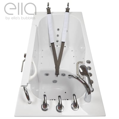 Overhead view of Ella walk-in tub interior showing installed safety seat belt harness with air jets, chrome faucet, and grab bar