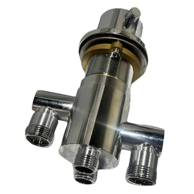 Chrome and brass thermostatic control valve with multiple water outlets for walk-in tub plumbing installation