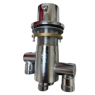 Chrome thermostatic control valve with brass fittings and multiple water inlet ports for walk-in tub plumbing systems