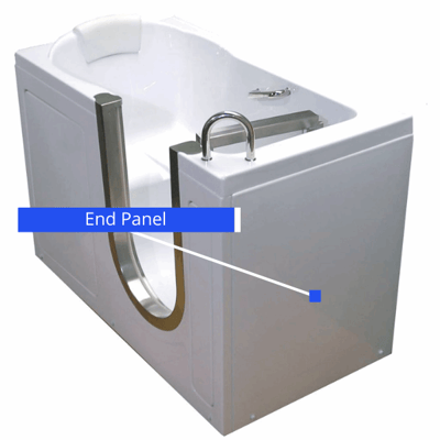 Diagram of an Ella walk-in tub with end panel labeled, showing stainless steel door frame and grab bar