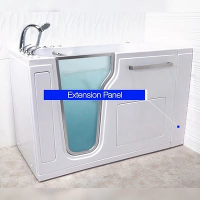 White walk-in tub with extension panel add-on highlighted, featuring open door, handheld showerhead, and chrome grab bar