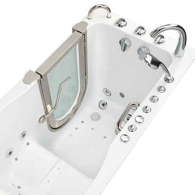 Vue de dessus de la baignoire à porte Ella Deluxe avec porte s’ouvrant vers l’extérieur, jets hydro, barre d’appui et ensemble de robinetterie chromé