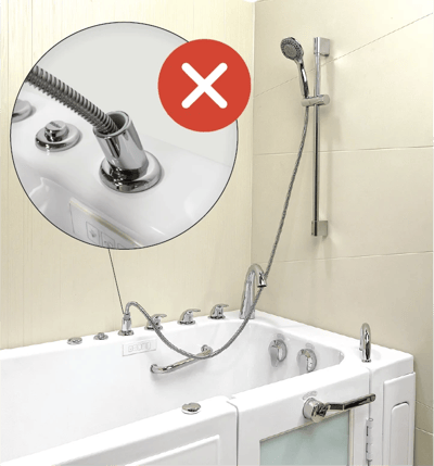 Leak Elimination Kit for Pull Out Hand Showers (5′ Hose with Barrel Connector) - Ella walk-in tub with red X callout highlighting a low-quality handheld showerhead hose connection to avoid