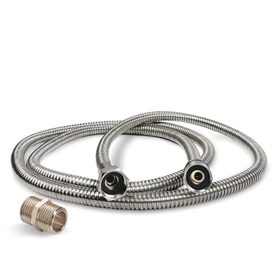 Leak Elimination Kit for Pull Out Hand Showers (5′ Hose with Barrel Connector) - Coiled stainless steel flexible shower hose with brass fittings and threaded pipe nipple connector accessory