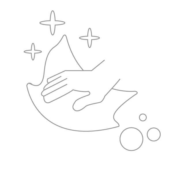 Line icon of hands wiping a surface clean with sparkle accents and bubbles representing easy-to-clean walk-in tub features