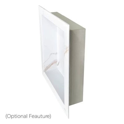 Baldosa machihembrada de PVC Carrara de 25"x15" - Nicho de ducha empotrado con interior de aspecto de mármol y marco de níquel cepillado - característica opcional de ducha accesible