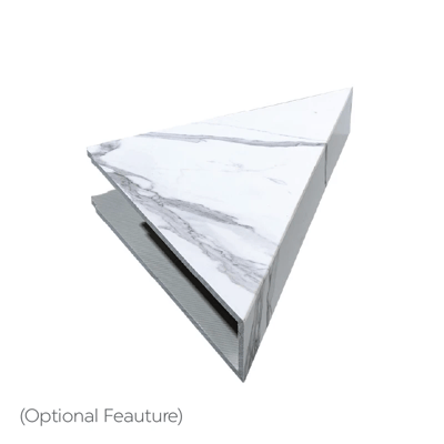 Baldosa machihembrada de PVC Carrara de 25"x15" - Estante de ducha de esquina triangular con acabado de mármol blanco - característica opcional de almacenamiento para cabina de ducha accesible