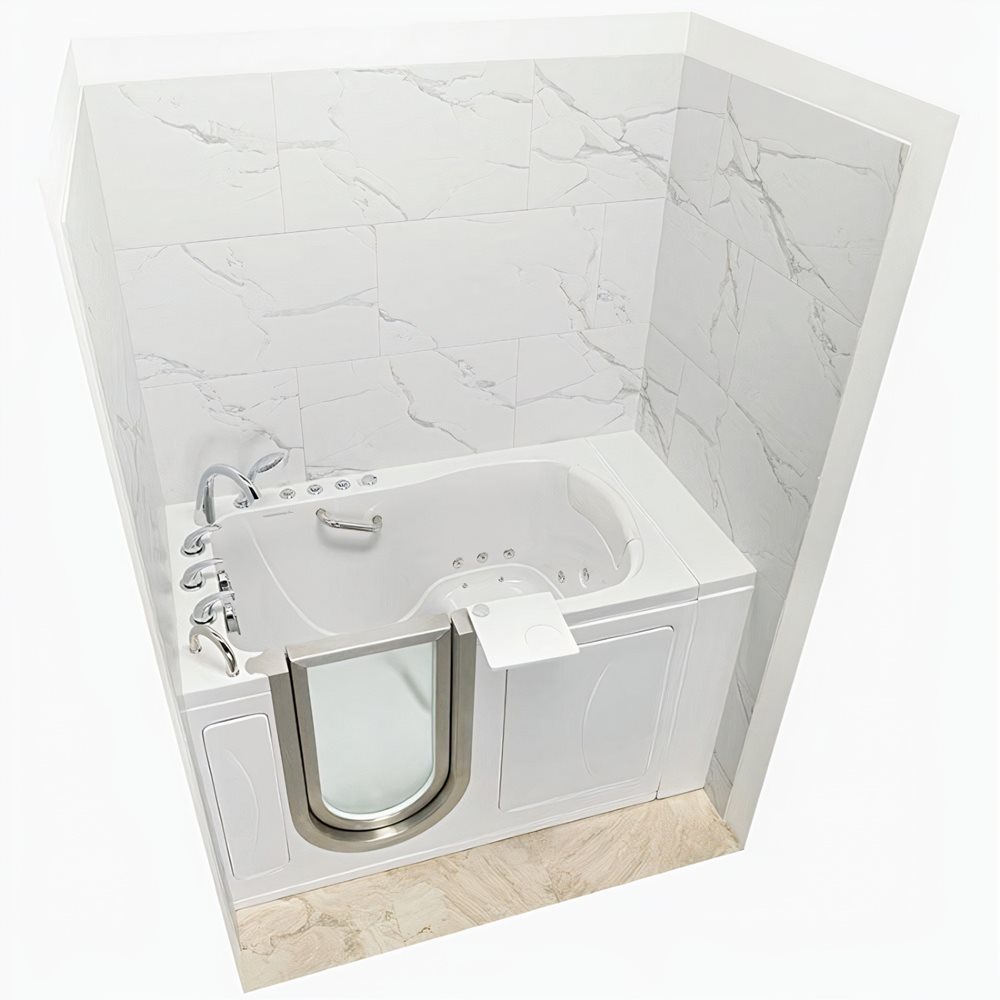 Ella walk-in tub installed in a corner alcove with white marble-look wall surround panels
