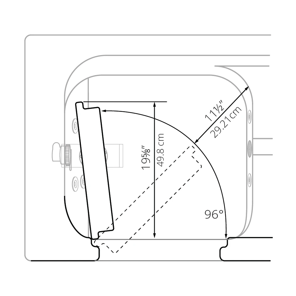 Top view diagram of the Ella Flow walk-in tub inward swing door showing its 96 degree opening arc into the tub